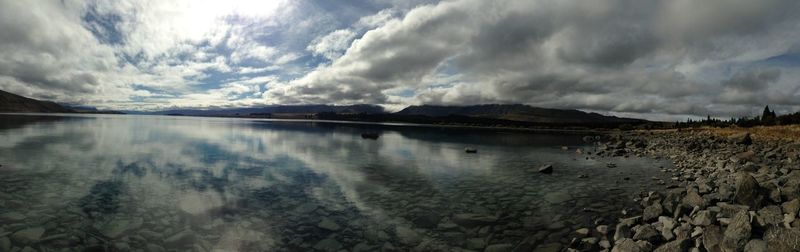 Scenic view of lake against cloudy sky