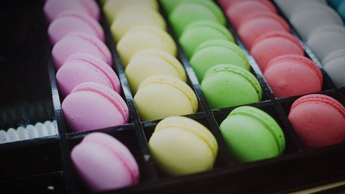 Close-up of macaroons in rows