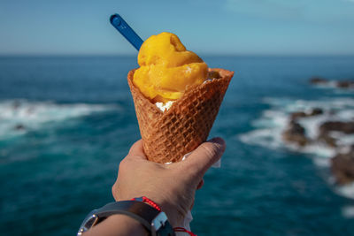 Close-up of hand holding ice cream cone