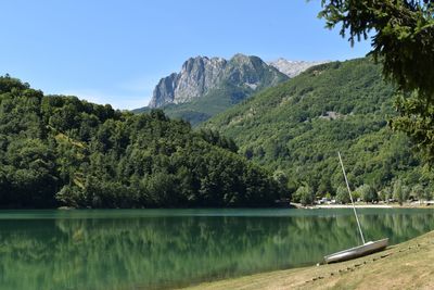 Scenic view of lake by trees against sky