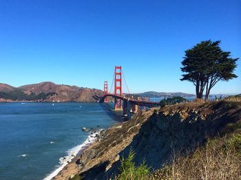 View of suspension bridge against clear blue sky