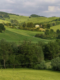 Scenic view of green landscape against sky