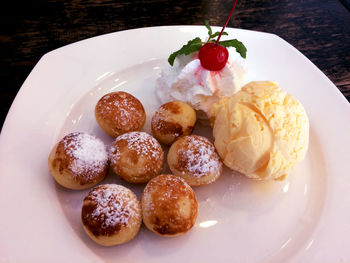 High angle view of dessert in plate on table