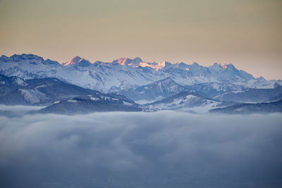 Scenic view of snowcapped mountains against sky