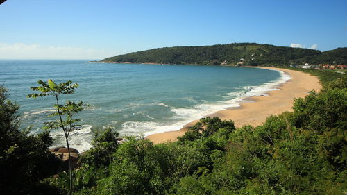 View of calm beach against blue sky