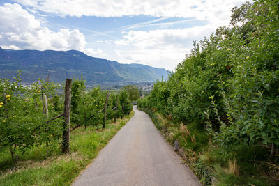 Road leading towards mountains against sky