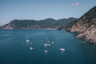 High angle view of boats in bay