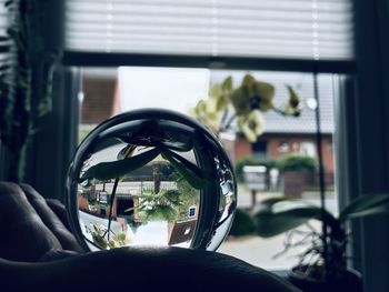 Close-up of hand photographing through window