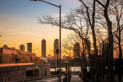 Silhouette buildings and trees against sky during sunset
