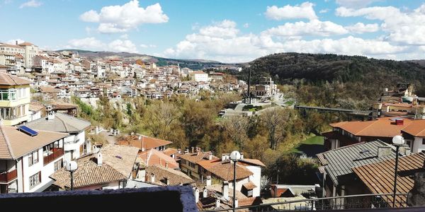 High angle shot of townscape against sky