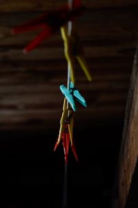 Close-up of clothespins hanging on rope