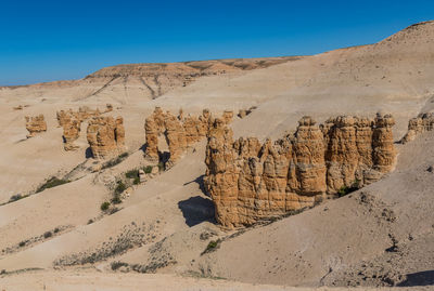 Panoramic view of desert against clear blue sky