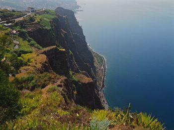 High angle view of sea and mountains