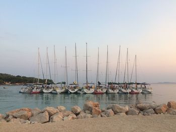 Sailboats moored in sea against clear sky