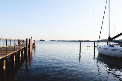 Sailboats moored in sea against clear sky