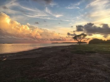 Scenic view of beach against sky during sunset