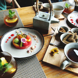 High angle view of breakfast served on table