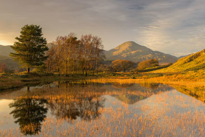 Scenic view of lake by mountains against sky