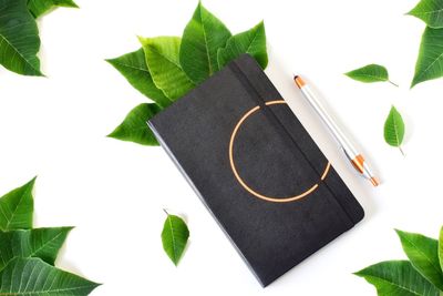 Close-up of diary with pen amidst leaves on white background