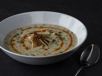 High angle view of soup in bowl on table