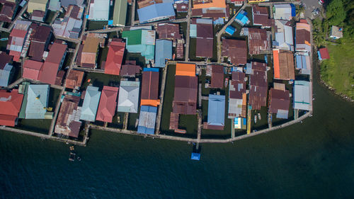 High angle view of buildings by canal