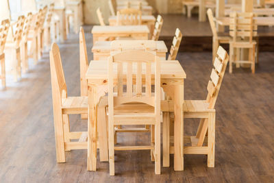 Empty chairs and tables in restaurant