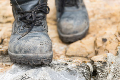 Low section of person wearing black shoes standing on land