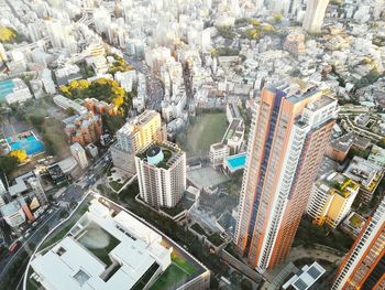 High angle view of modern buildings in city