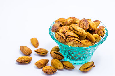 Close-up of cookies against white background