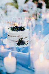 High angle view of fresh white cake on table