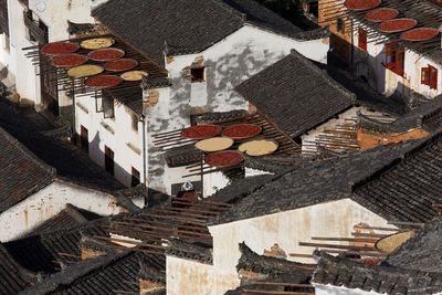 High angle view of food drying on rooftops