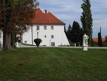 People walking on lawn