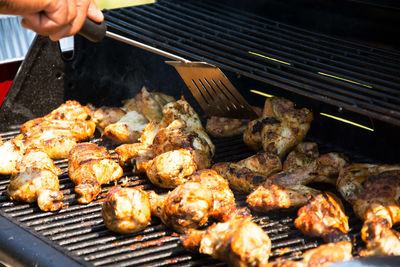 Cropped image of hand roasting chickens in barbecue