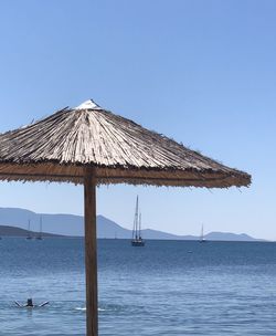 Built structure on beach against clear sky