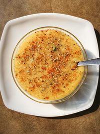 High angle view of soup in bowl on table