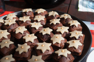 Close-up of star brownies in plate on table