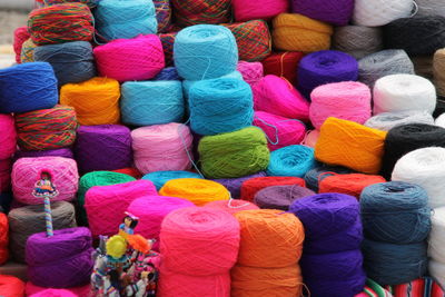 Full frame shot of multi colored wool at shop for sale