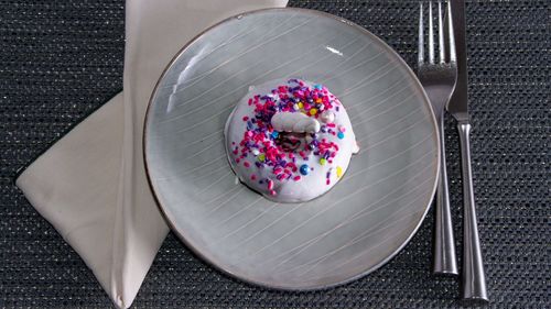 High angle view of dessert in plate on table