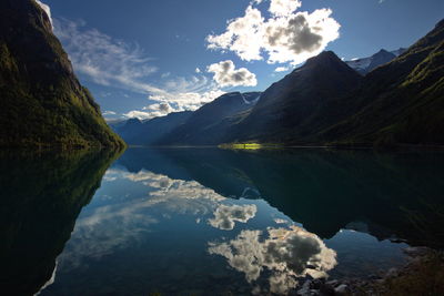 Scenic view of lake and mountains against sky