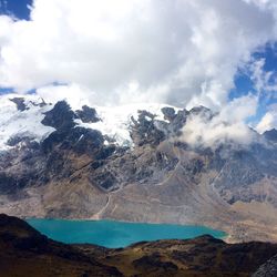 Scenic view of mountains against cloudy sky