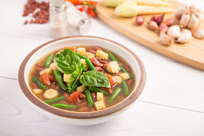 Close-up of soup in bowl on table