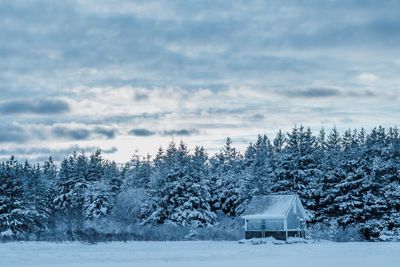 Snow covered field against sky