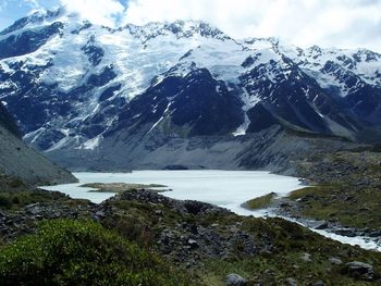 Scenic view of snowcapped mountains against sky