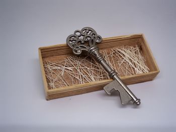 High angle view of metal against white background