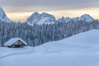 After the snowfall. dusk on the sappada plain. magic of winter.