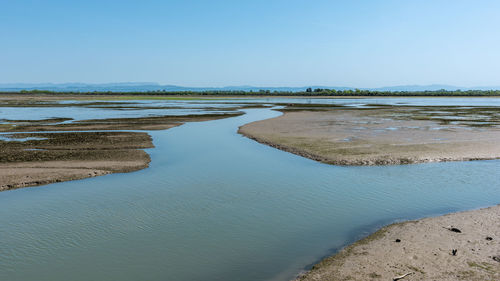 Scenic view of beach against clear blue sky