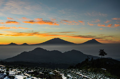 Scenic view of silhouette mountains against sky during sunset