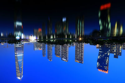Reflection of illuminated buildings in river at night