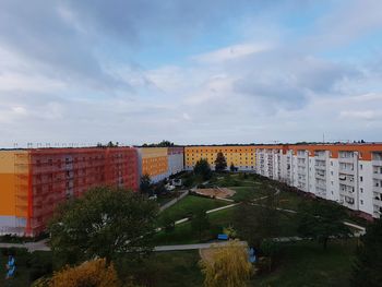 High angle view of buildings against sky