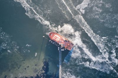 High angle view of ship in sea